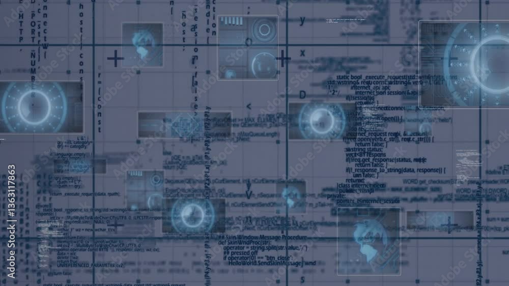 Poster animation of futuristic interface with digital data and code overlay in school