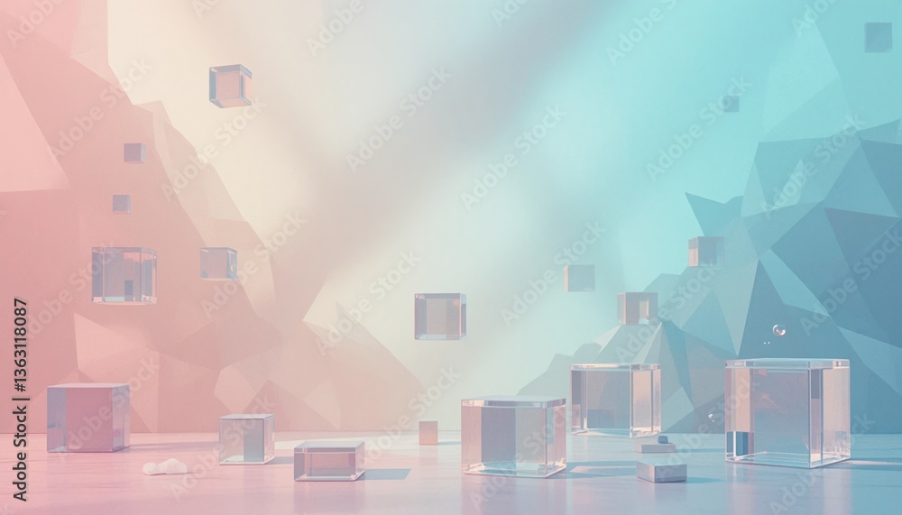 Poster dynamic abstract animation of crystal-like cubes in a minimalist environment captured from a low per