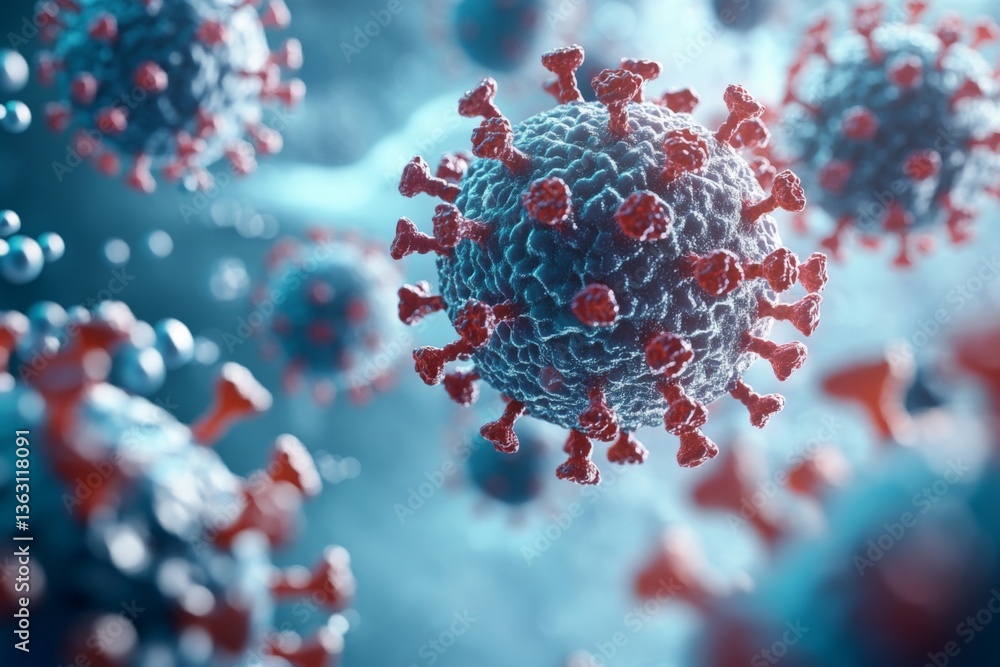 Poster Visual representation of a coronavirus particle magnified under a microscope illustrating its complex structure and surface features