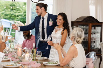 Bride and groom toasting with guests at elegant wedding reception dinner