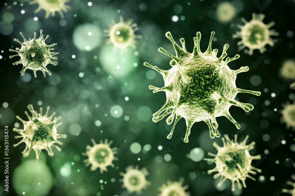 Poster Microscopic view of virus particles floating in a green background illustrating infection dynamics