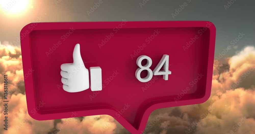 Poster red notification icon with thumbs up and number 84 floating above clouds