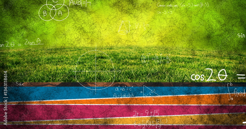 Poster image of handwritten maths formulae and calculations moving over colourful path and grass