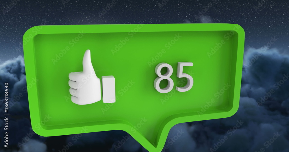 Poster green notification icon with thumbs up and number 85 floating above clouds