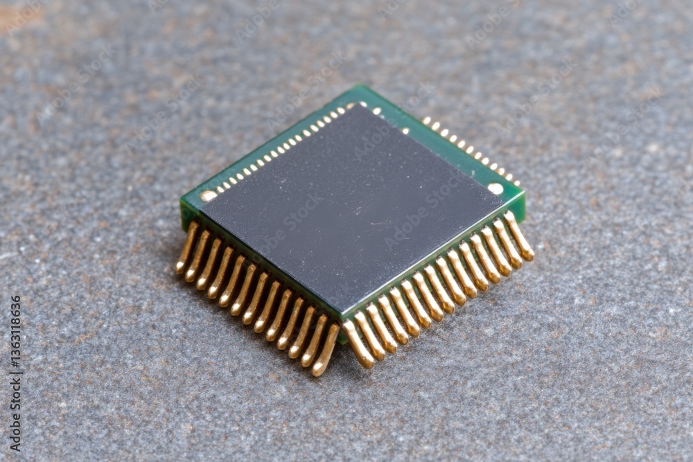 Poster microprocessor with gold pins rests on a textured surface showcasing intricate technology on display