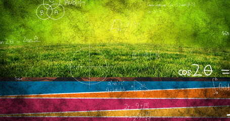 Image of handwritten maths formulae and calculations moving over colourful path and grass © vectorfusionart