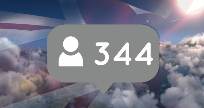 Social media notification icon with 344 followers over cloudy sky background