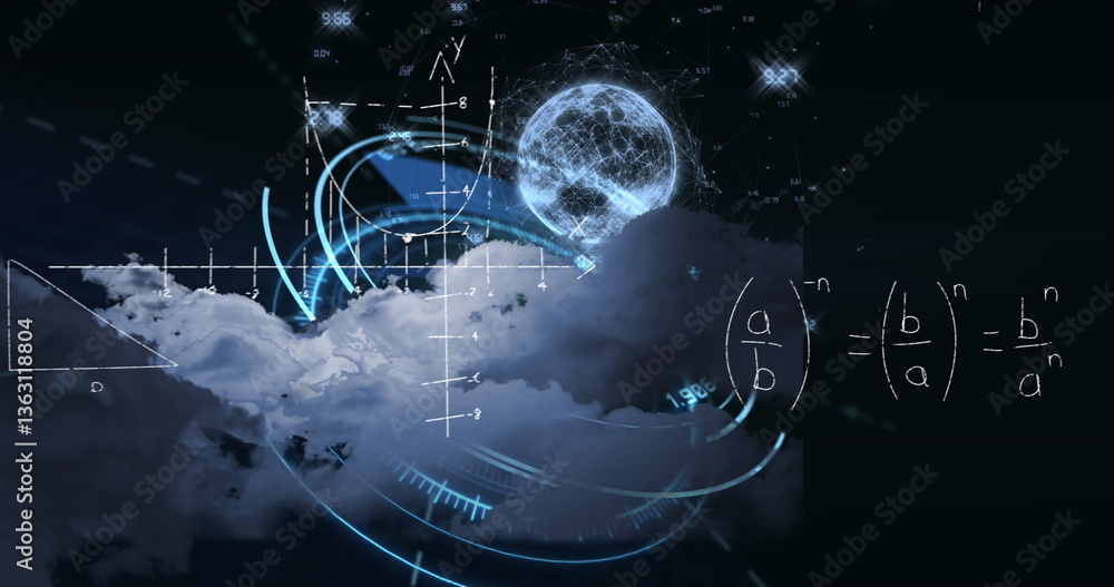 Poster image of mathematical equations over globe and scope scanning