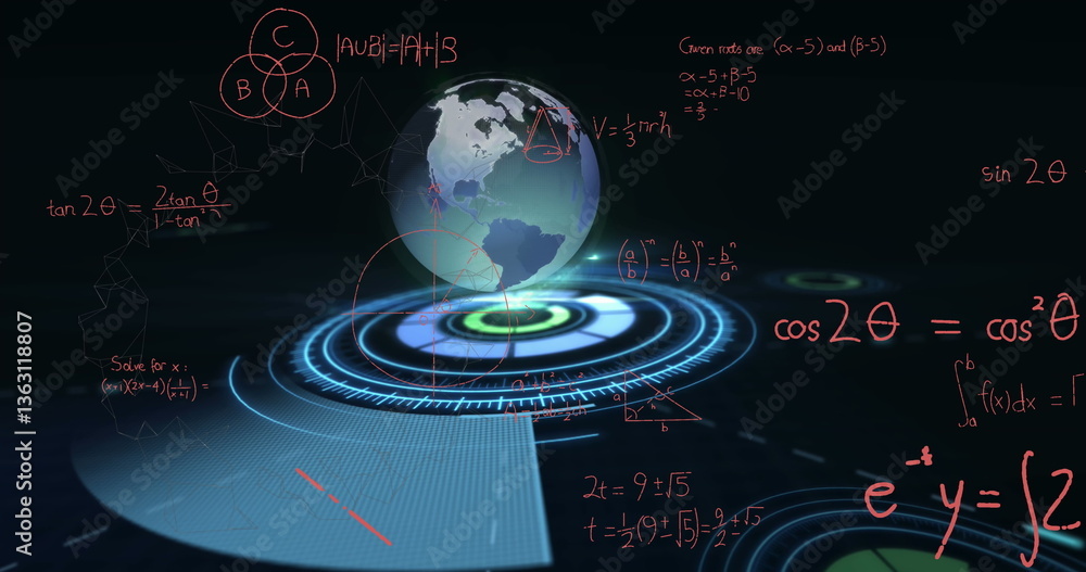 Aufkleber image of mathematical equations over globe and scope scanning