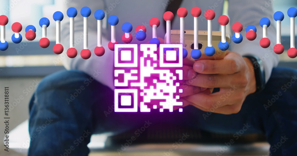 Poster neon qr code scanner and dna structure spinning against mid section of man using smartphone