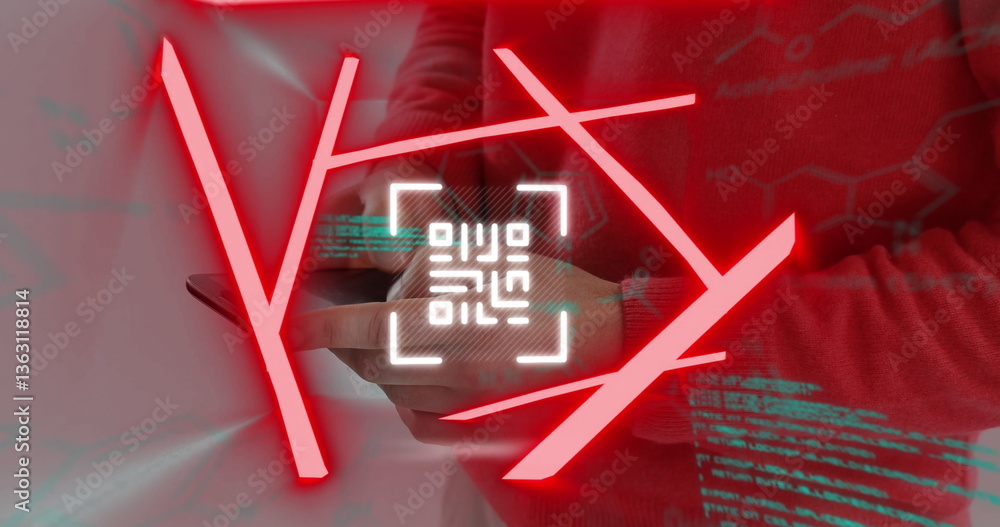 Poster neon qr code scanner and data processing against mid section of man using smartphone
