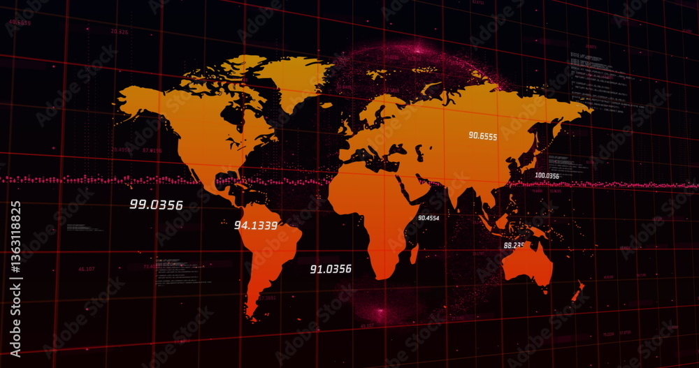 Poster image of data processing and numbers changing over grid and world map