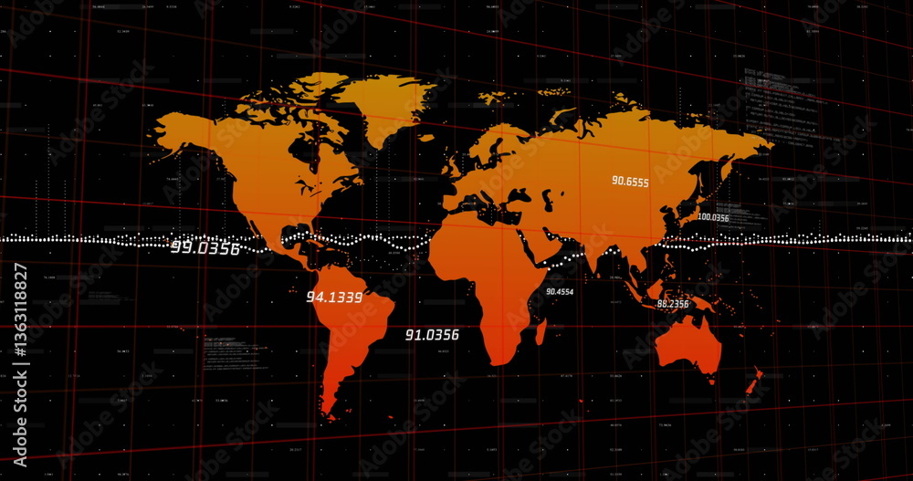 Poster image of data processing and numbers changing over grid and world map