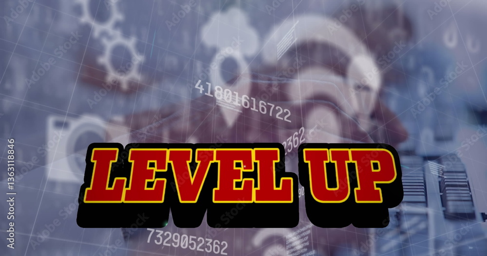 Poster image of level up text over numbers, digital icons and data processing