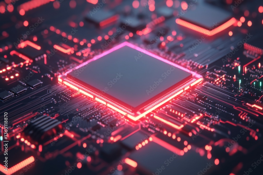 Poster close-up view of a glowing microchip on a circuit board with intricate designs highlighting technolo