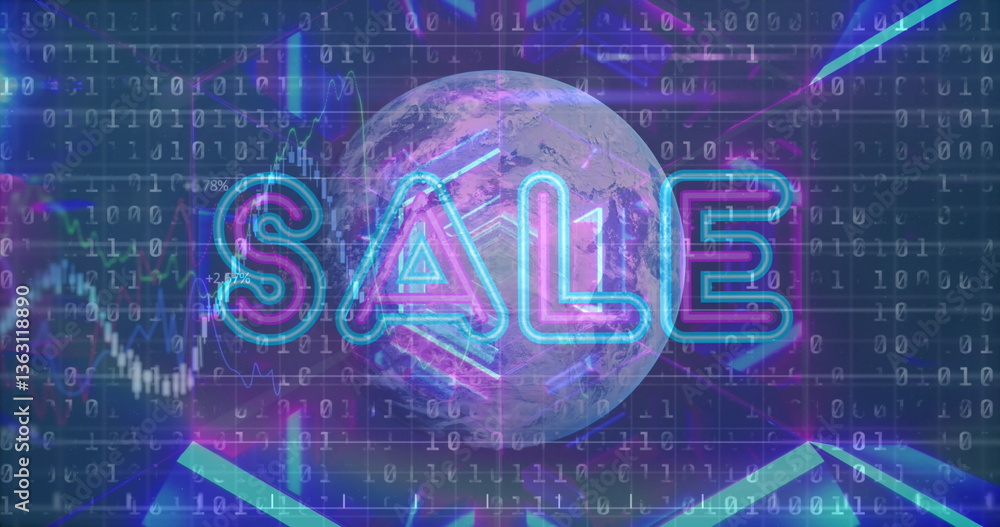 Poster image of sale text, binary coding processing over globe