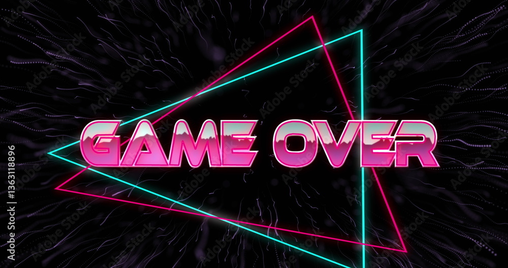Poster image of game over text in metallic pink letters with triangles over purple fireworks