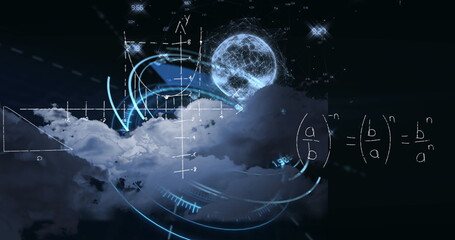 Image of mathematical equations over globe and scope scanning