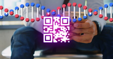 Neon qr code scanner and dna structure spinning against mid section of man using smartphone