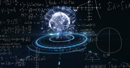 Image of mathematical equations over globe and scope scanning © vectorfusionart