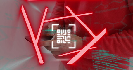 Neon qr code scanner and data processing against mid section of man using smartphone