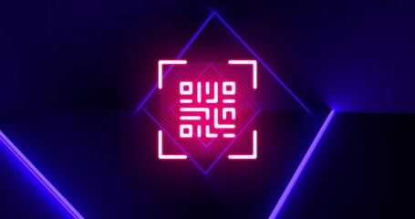 Image of qr code glowing over blue neon background