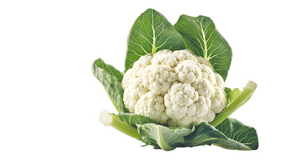 A fresh, whole cauliflower head with green leaves, isolated against a white background.