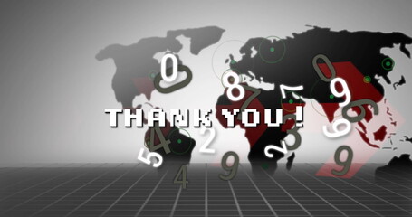 Thank you text over multiple changing numbers and world map against grey background