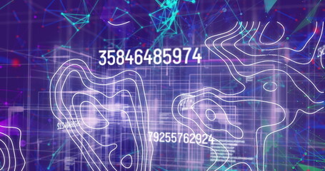 Image of numbers changing and data processing over white lines