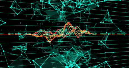 Image of data processing and numbers changing over grid and networks of connections