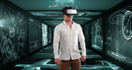 Image of businessman wearing vr headset over screens with medical data processing