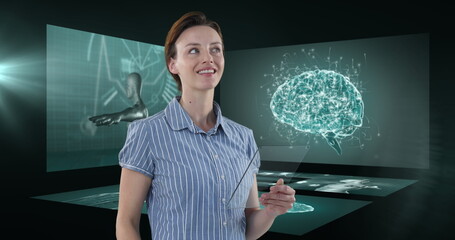 Image of businesswoman using tablet over screens with medical data processing
