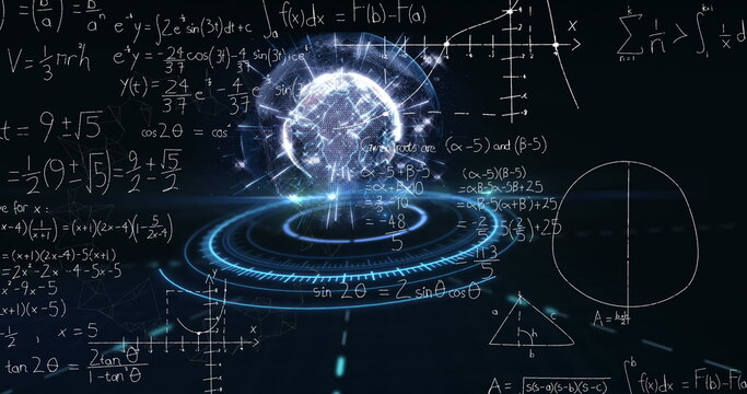 Image of mathematical equations over globe and scope scanning