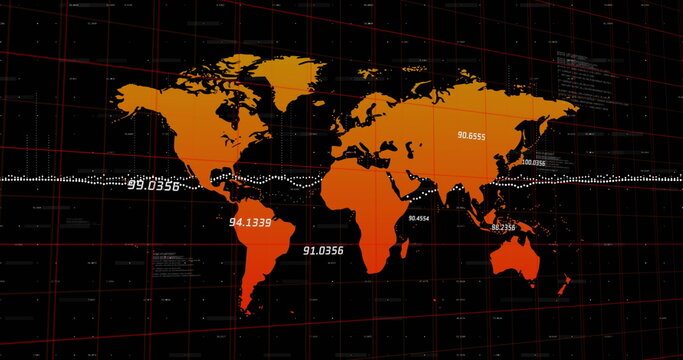 Image of data processing and numbers changing over grid and world map
