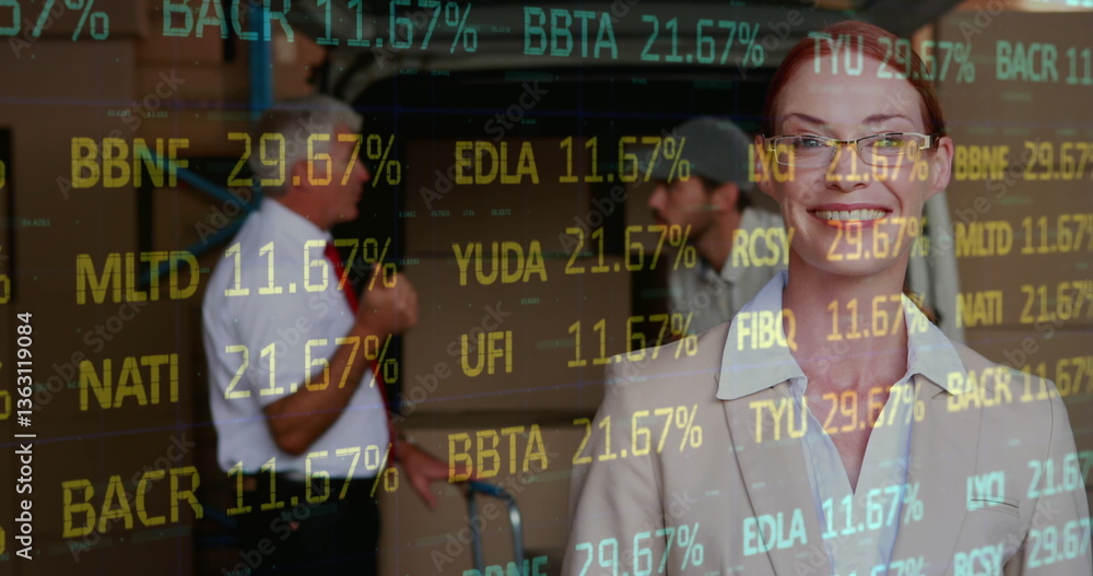 Aufkleber image of financial data processing over delivery man loading up car outside of warehouse