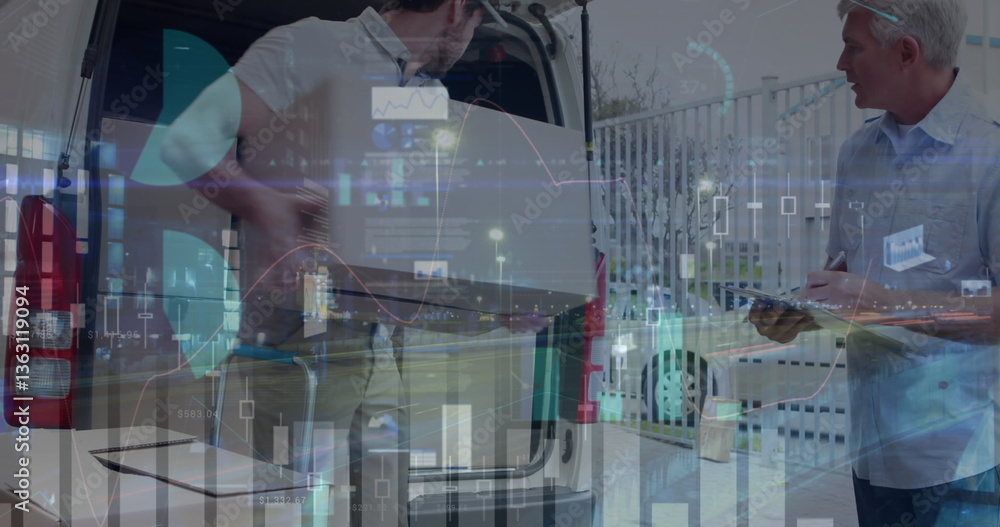 Poster screens with data processing against caucasian delivery man stacking delivery boxes in his van