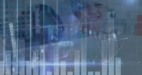 Image of financial data processing over happy schoolgirl