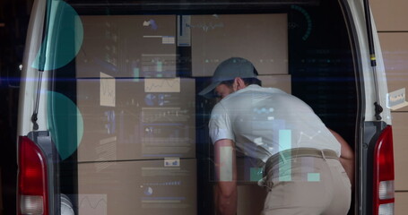 Image of financial data processing over delivery man unloading car outside of warehouse