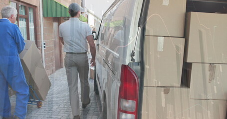 Image of financial data processing over delivery man loading up car outside of warehouse