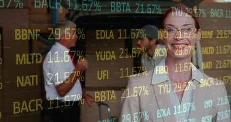 Image of financial data processing over delivery man loading up car outside of warehouse