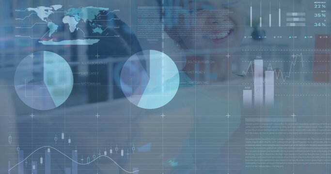 Image of financial data processing over happy schoolgirl - Powered by Adobe