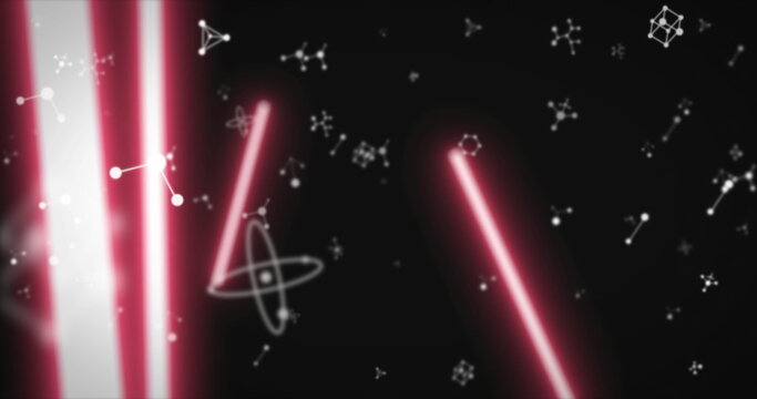 Image of molecules spinning over glowing neon stripes