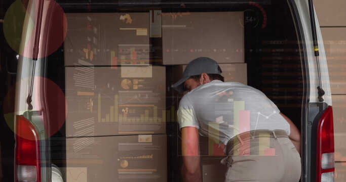 Image of financial data processing over delivery man unloading car outside of warehouse