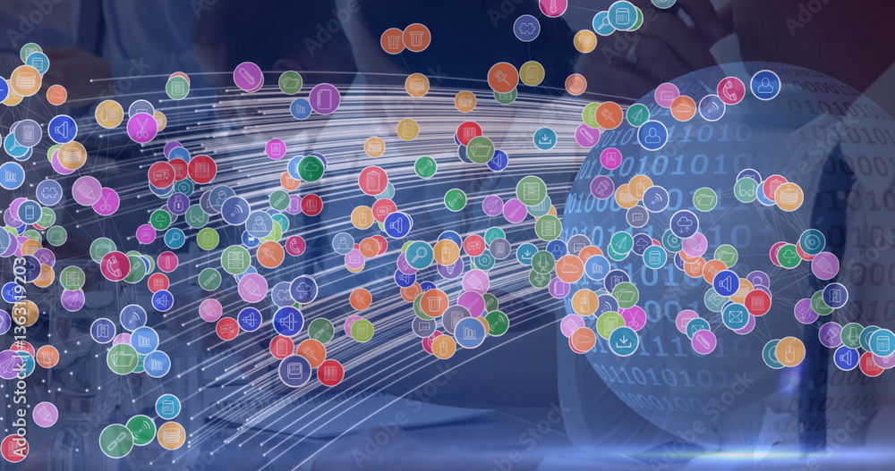 Poster image of network of connections with icons, globe and binary coding over business people
