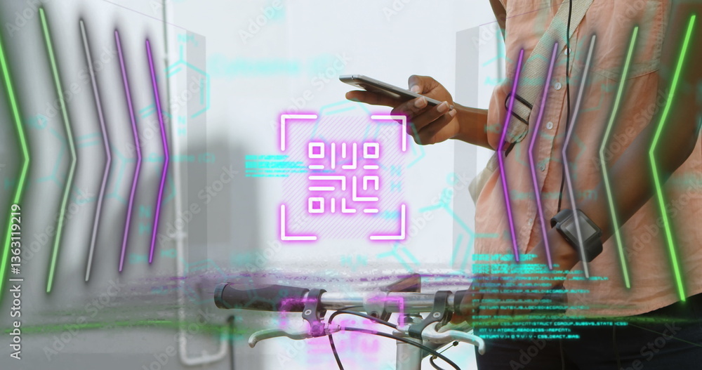 Aufkleber neon qr code scanner and data processing against mid section of woman using smartphone