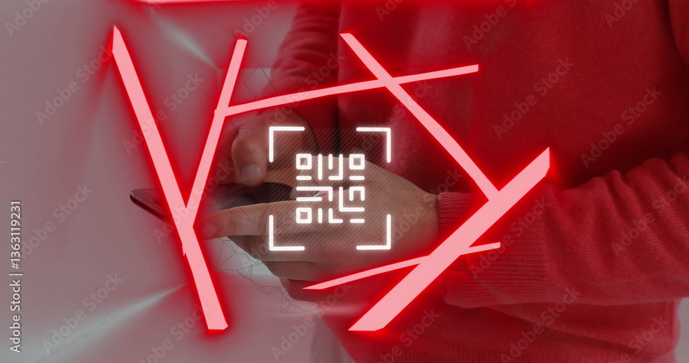 Poster neon qr code scanner and abstract shapes against mid section of man using smartphone