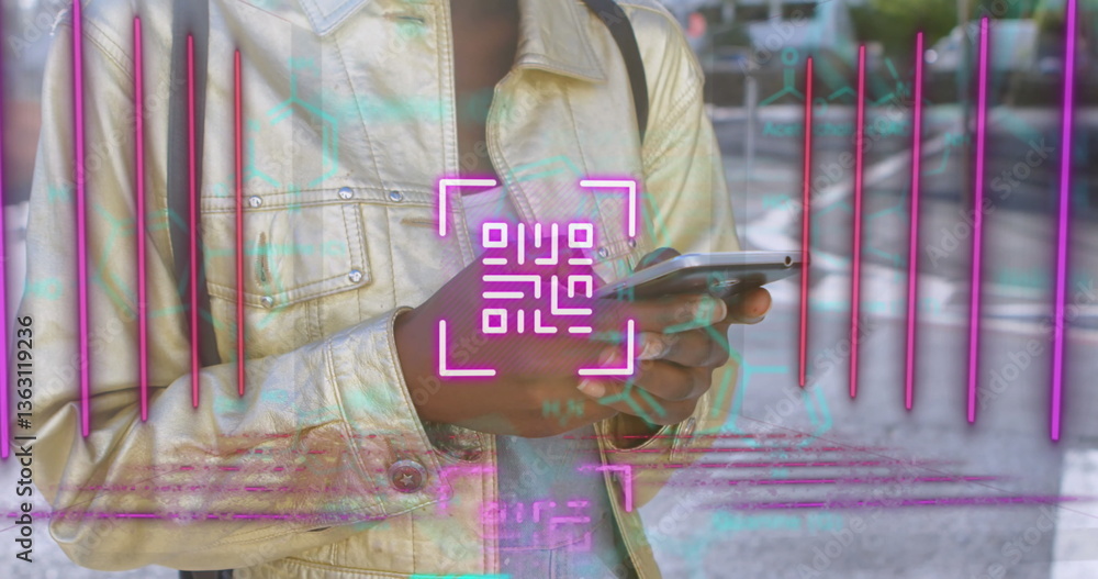 Aufkleber neon qr code scanner and data processing against mid section of woman using smartphone