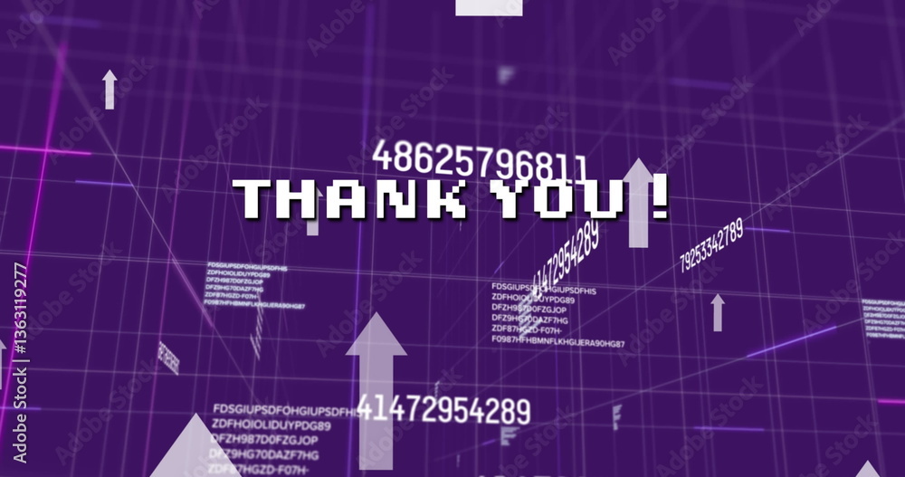 Poster image of thank you text and arrows over grid and data processing