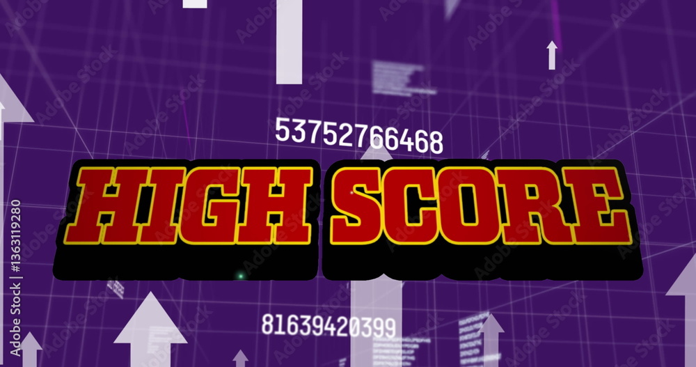 Poster image of high score text and arrows over grid and data processing