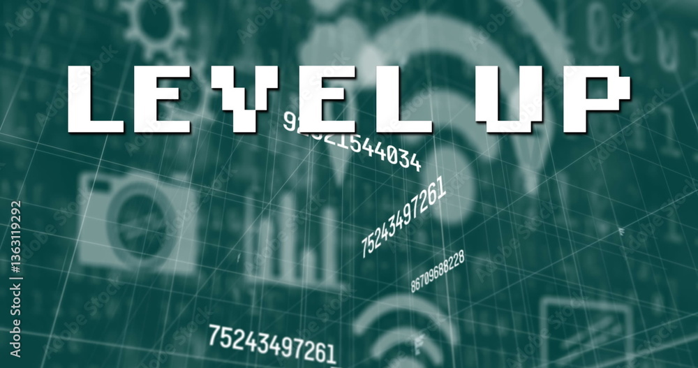 Poster image of level up text over grid with icons and data processing